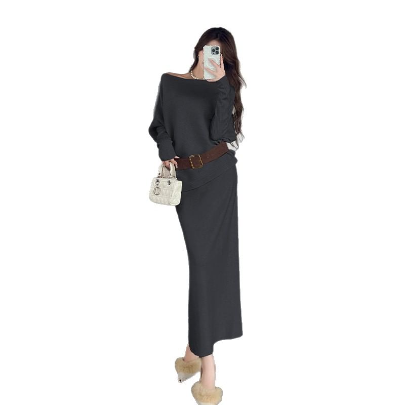 Long-Sleeve Off-Shoulder Knit Top & High Waist Maxi Pencil Skirt with Belt