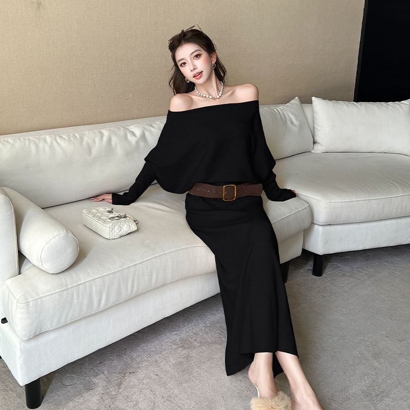 Long-Sleeve Off-Shoulder Knit Top & High Waist Maxi Pencil Skirt with Belt