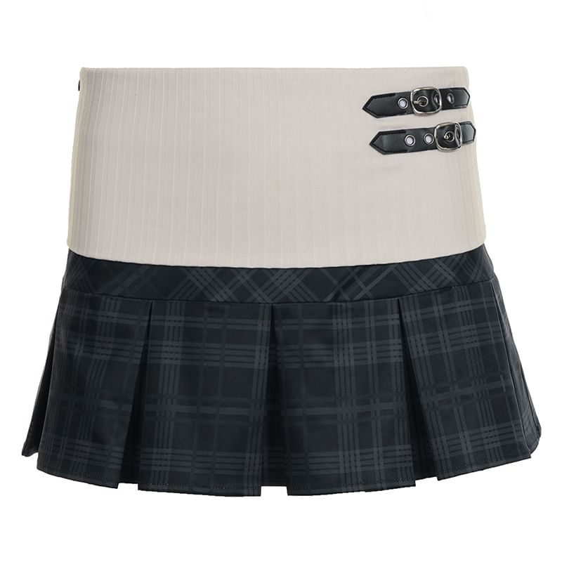 Plaid Panel Knitted Mini Pleated Skirt