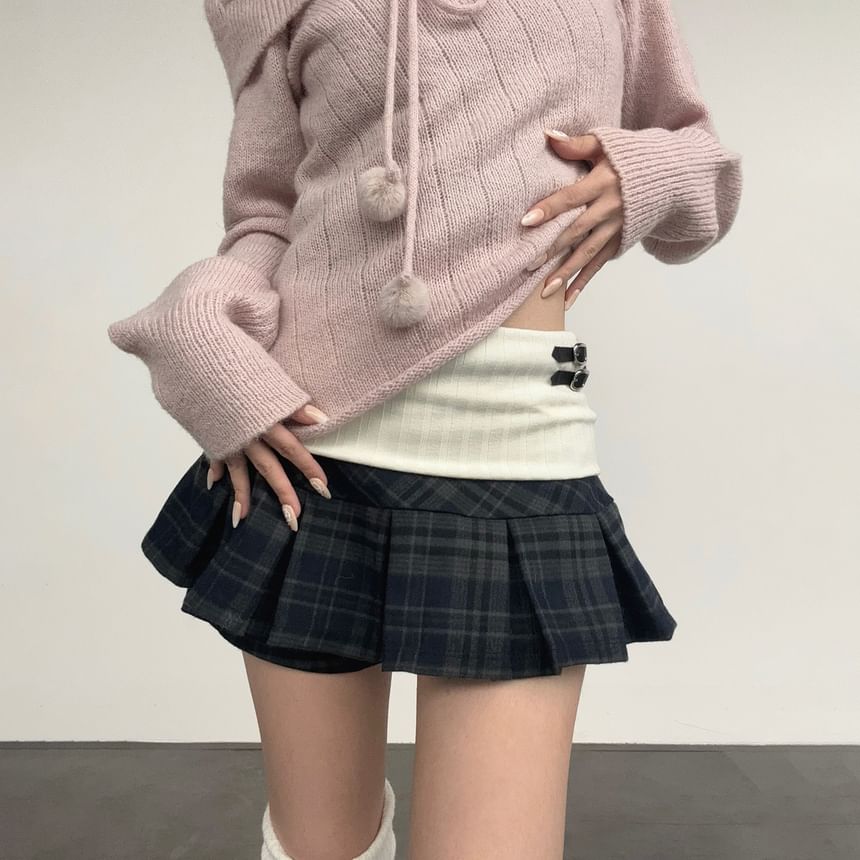 Plaid Panel Knitted Mini Pleated Skirt