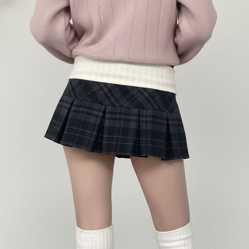 Plaid Panel Knitted Mini Pleated Skirt