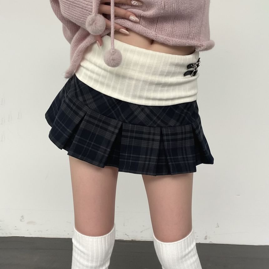 Plaid Panel Knitted Mini Pleated Skirt
