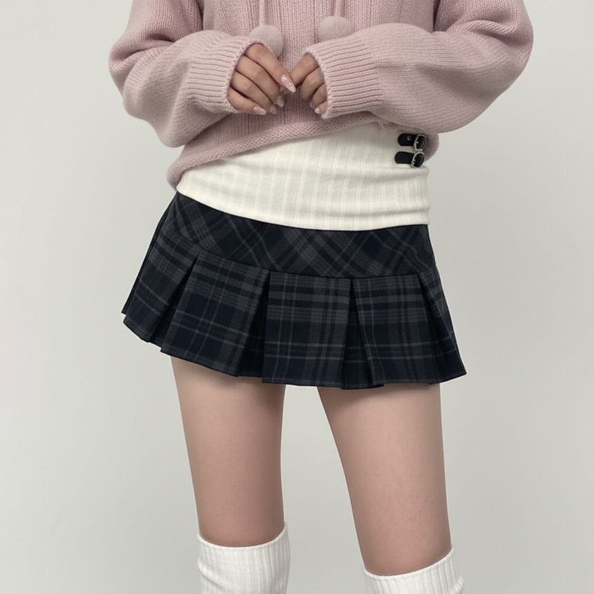 Plaid Panel Knitted Mini Pleated Skirt
