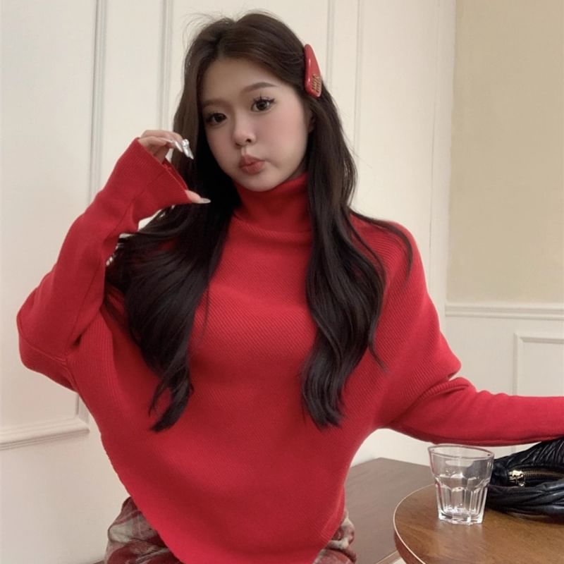 Asymmetrical Turtleneck Long Sleeve Knit Top