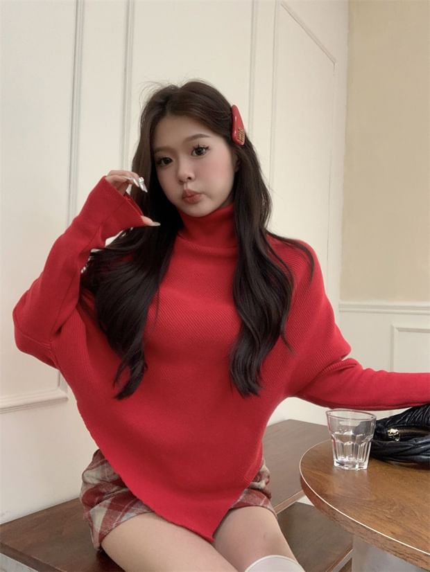 Asymmetrical Turtleneck Long Sleeve Knit Top