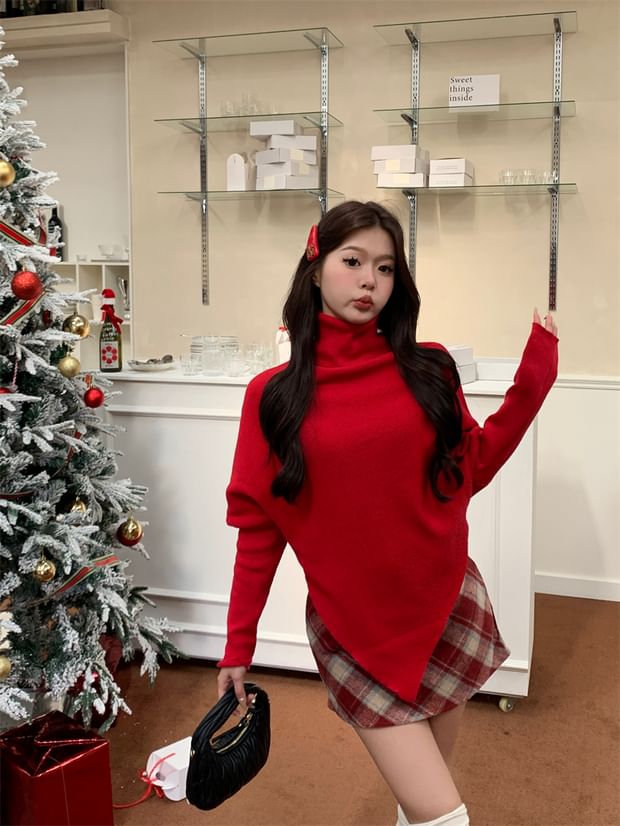 Asymmetrical Turtleneck Long Sleeve Knit Top