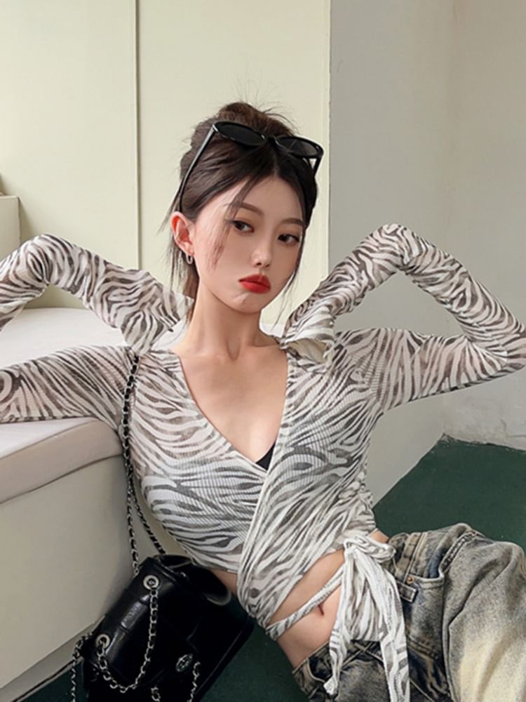 Zebra Print V-Neck Wrap Crop Long Sleeve Tee