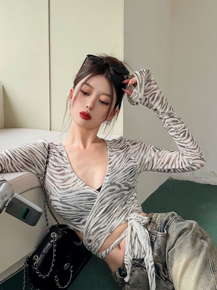 Zebra Print V-Neck Wrap Crop Long Sleeve Tee