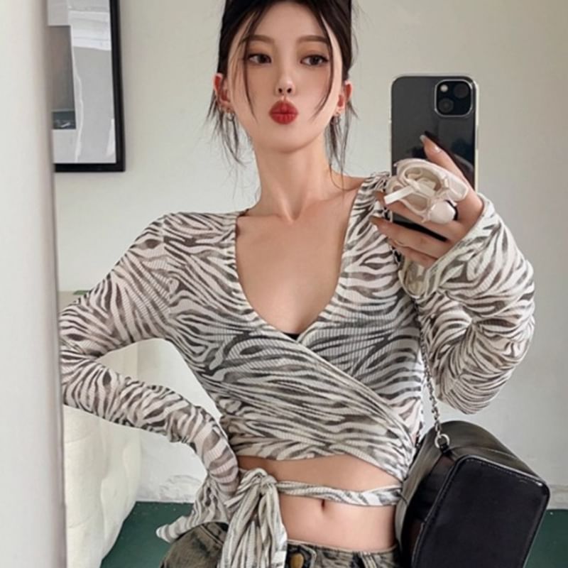 Zebra Print V-Neck Wrap Crop Long Sleeve Tee