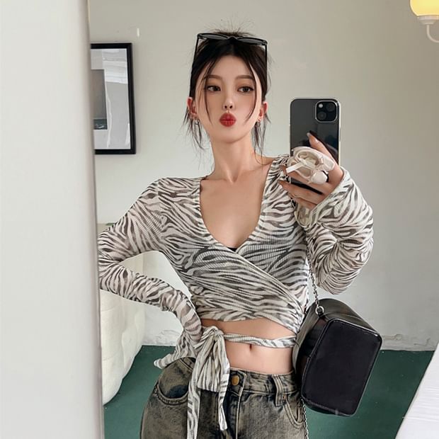 Zebra Print V-Neck Wrap Crop Long Sleeve Tee