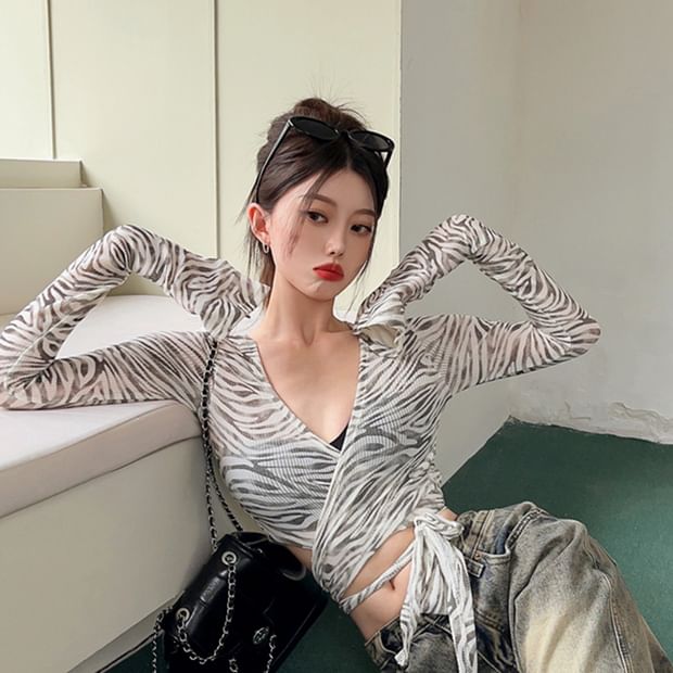 Zebra Print V-Neck Wrap Crop Long Sleeve Tee