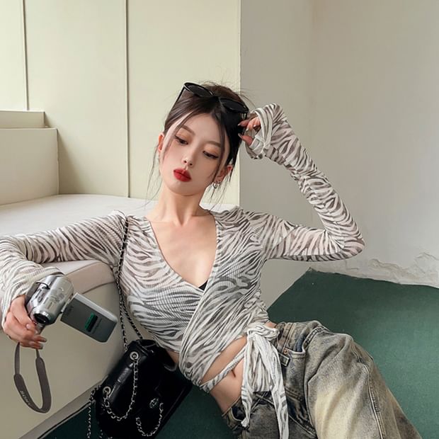 Zebra Print V-Neck Wrap Crop Long Sleeve Tee