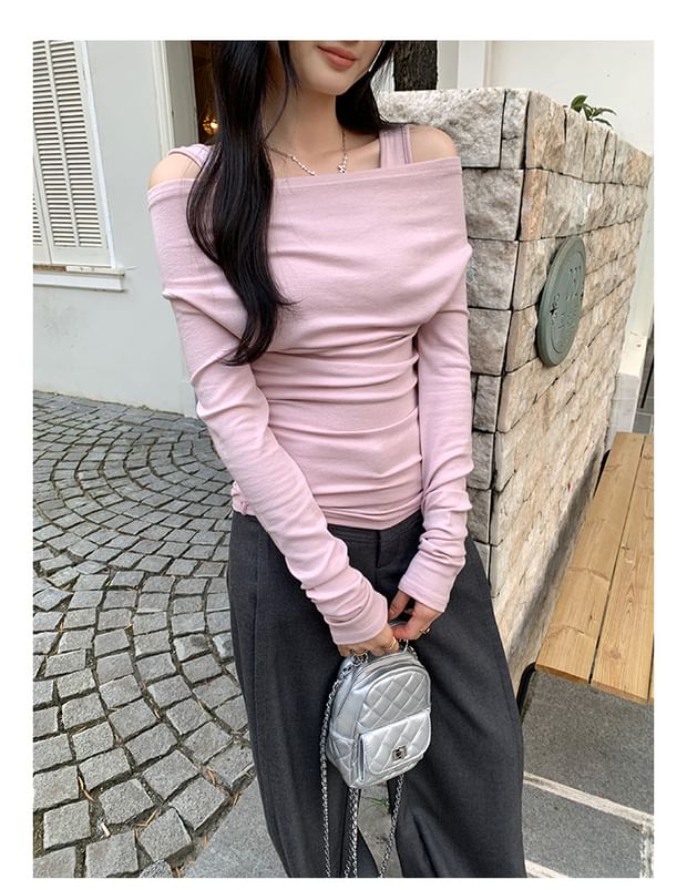Faux Two-Piece Square Neck Cold Shoulder Long Sleeve Tee