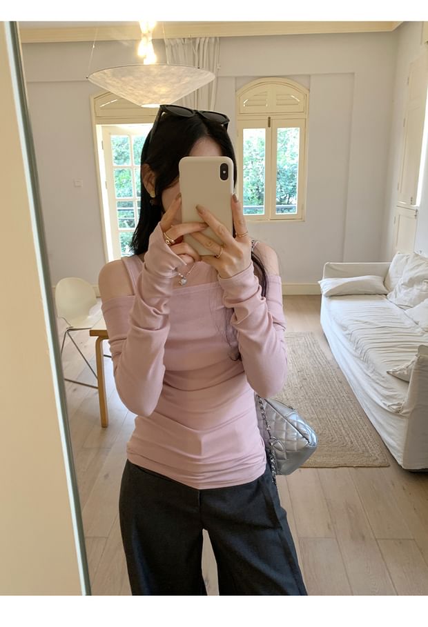 Faux Two-Piece Square Neck Cold Shoulder Long Sleeve Tee