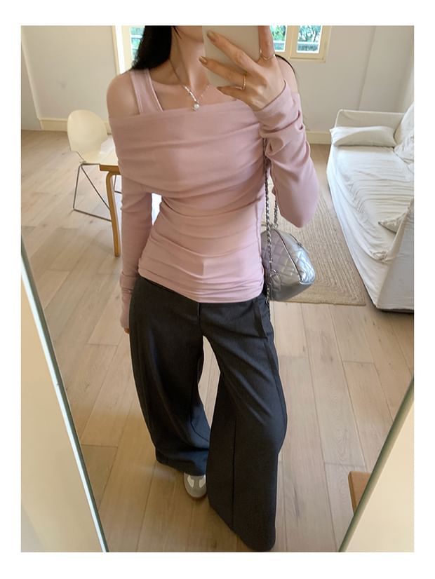 Faux Two-Piece Square Neck Cold Shoulder Long Sleeve Tee