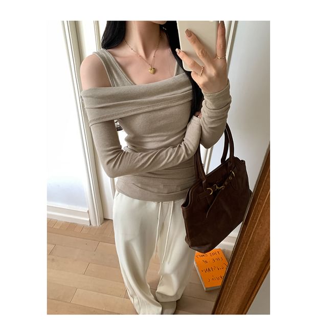 Faux Two-Piece Square Neck Cold Shoulder Long Sleeve Tee