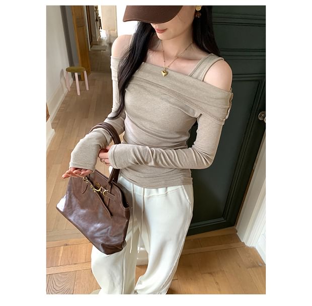 Faux Two-Piece Square Neck Cold Shoulder Long Sleeve Tee