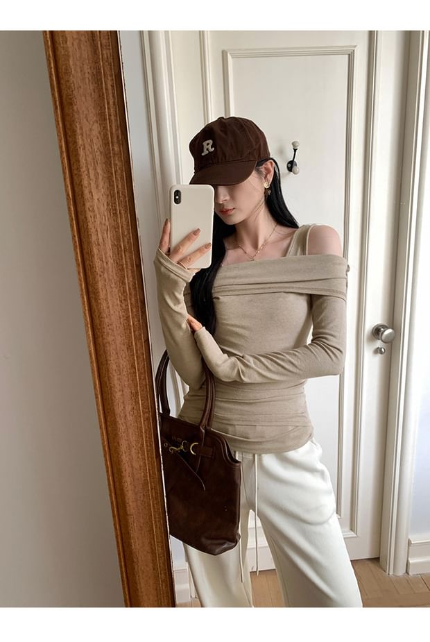 Faux Two-Piece Square Neck Cold Shoulder Long Sleeve Tee