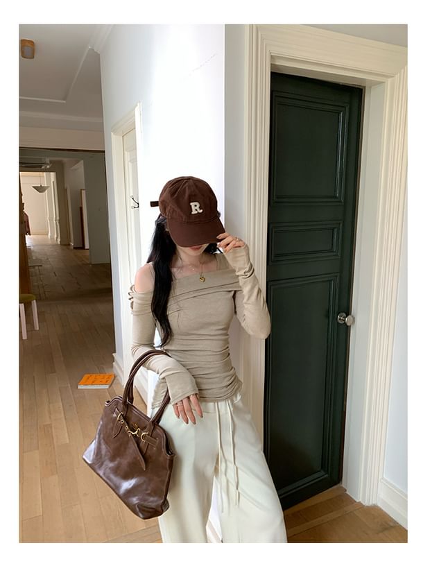 Faux Two-Piece Square Neck Cold Shoulder Long Sleeve Tee