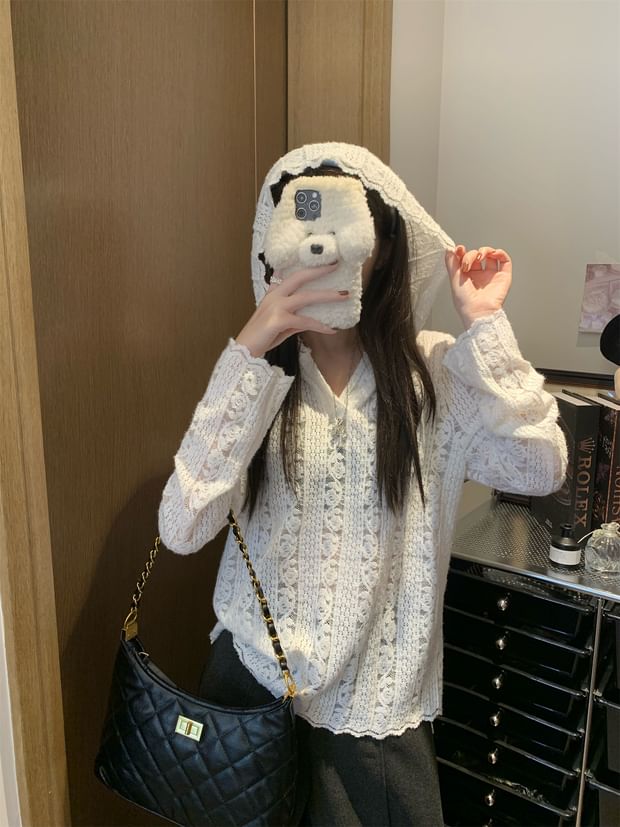 Hooded Lace V-Neck Long Sleeve Blouse