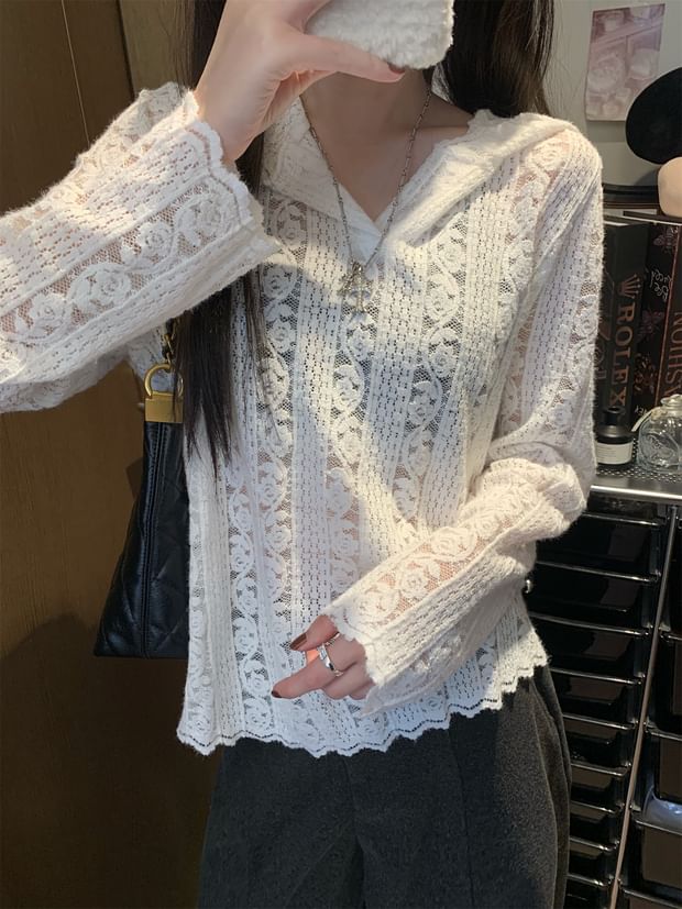Hooded Lace V-Neck Long Sleeve Blouse