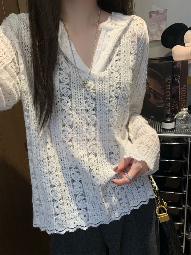 Hooded Lace V-Neck Long Sleeve Blouse