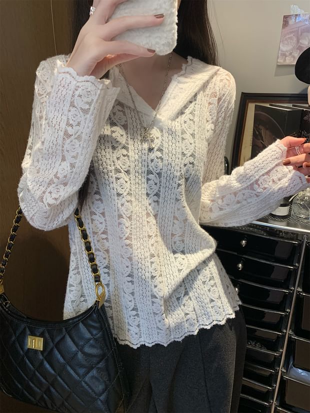 Hooded Lace V-Neck Long Sleeve Blouse