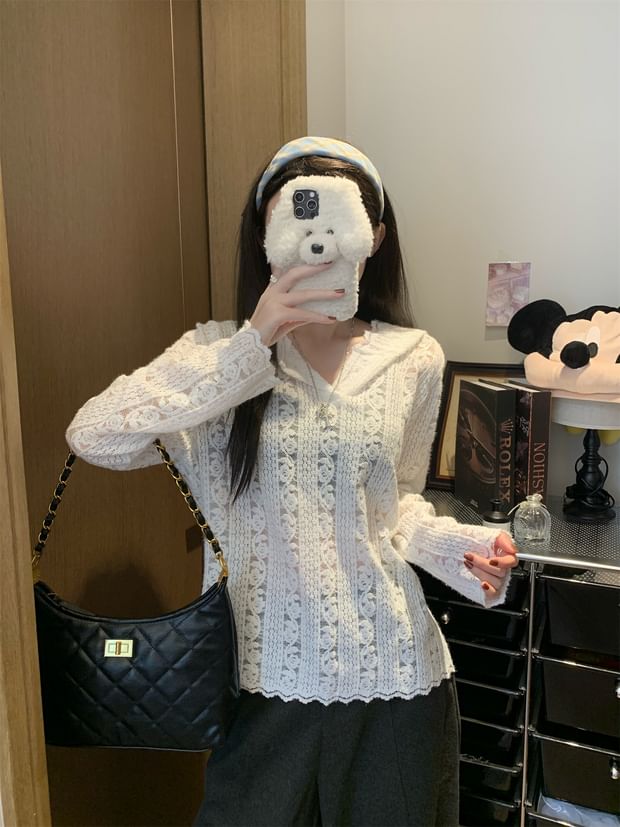Hooded Lace V-Neck Long Sleeve Blouse