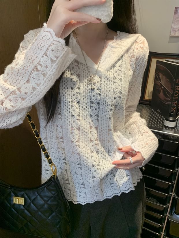 Hooded Lace V-Neck Long Sleeve Blouse
