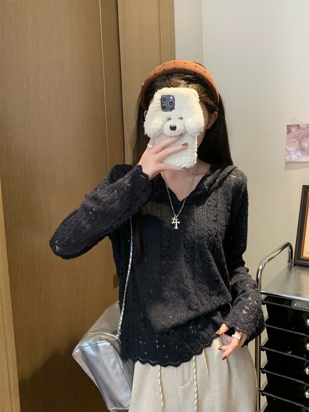 Hooded Lace V-Neck Long Sleeve Blouse
