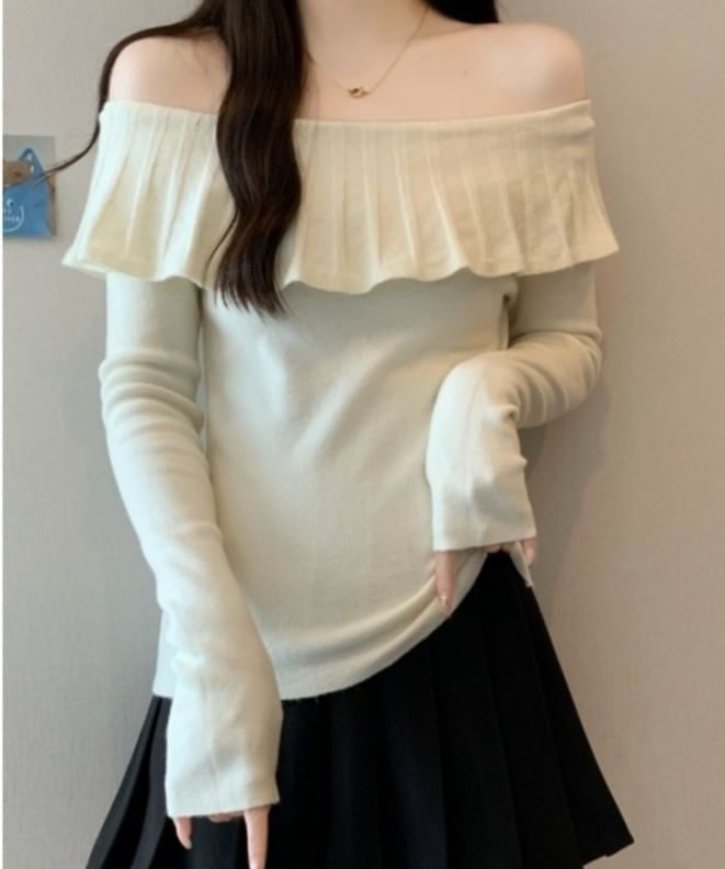 Off-Shoulder Long Sleeve Ruffle Trim Knit Top