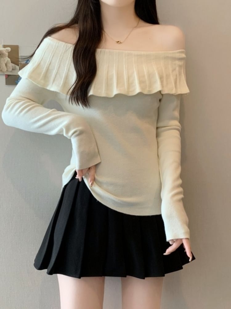 Off-Shoulder Long Sleeve Ruffle Trim Knit Top