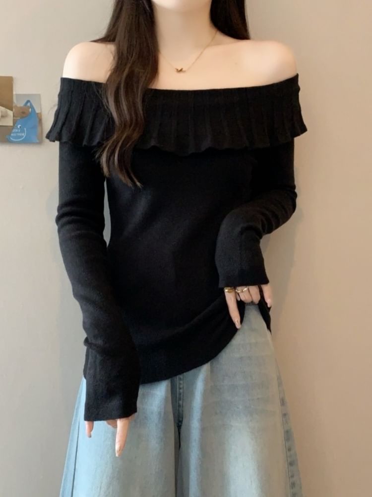 Off-Shoulder Long Sleeve Ruffle Trim Knit Top