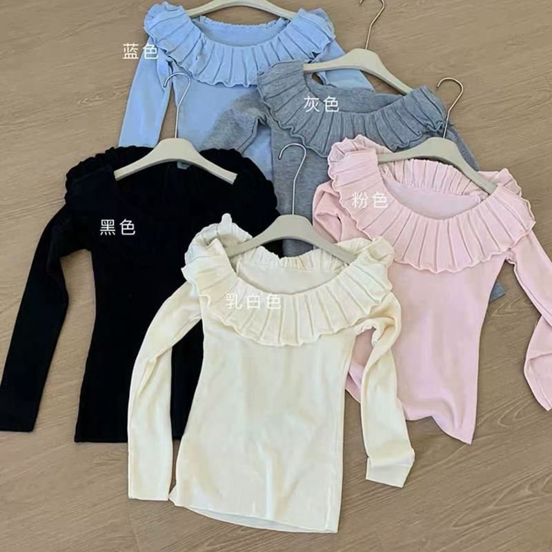 Off-Shoulder Long Sleeve Ruffle Trim Knit Top