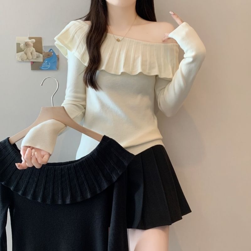 Off-Shoulder Long Sleeve Ruffle Trim Knit Top