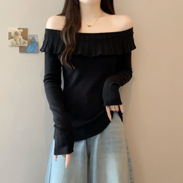 Off-Shoulder Long Sleeve Ruffle Trim Knit Top