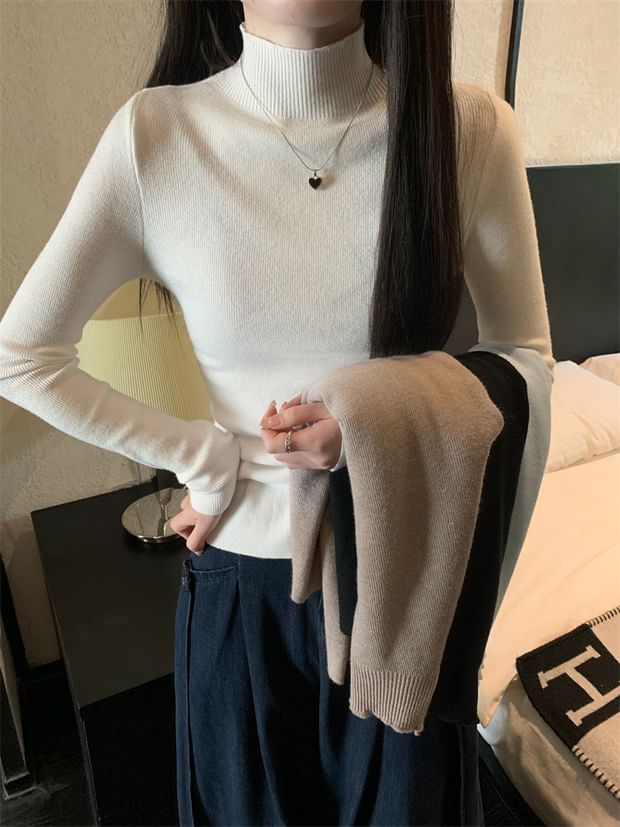 Turtleneck Long Sleeve Ribbed Knit Pullover