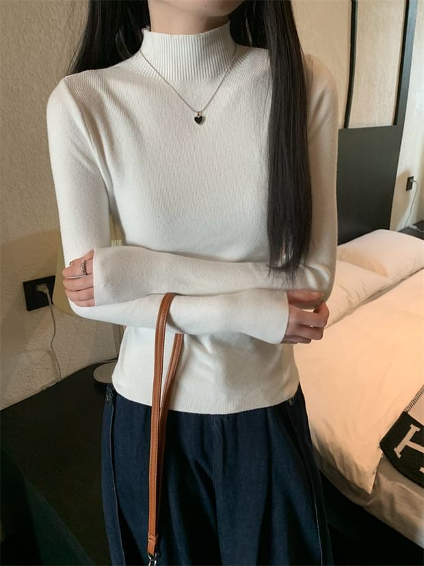 Turtleneck Long Sleeve Ribbed Knit Pullover