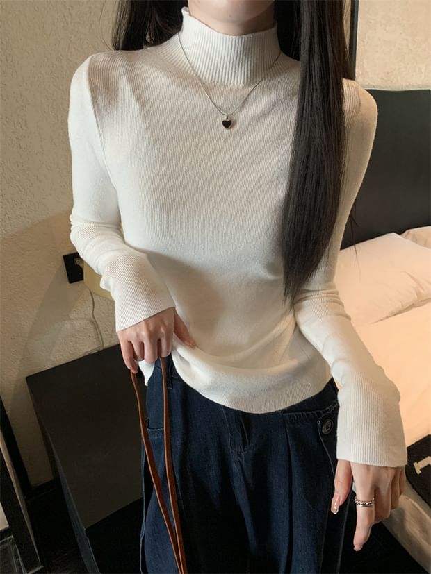 Turtleneck Long Sleeve Ribbed Knit Pullover