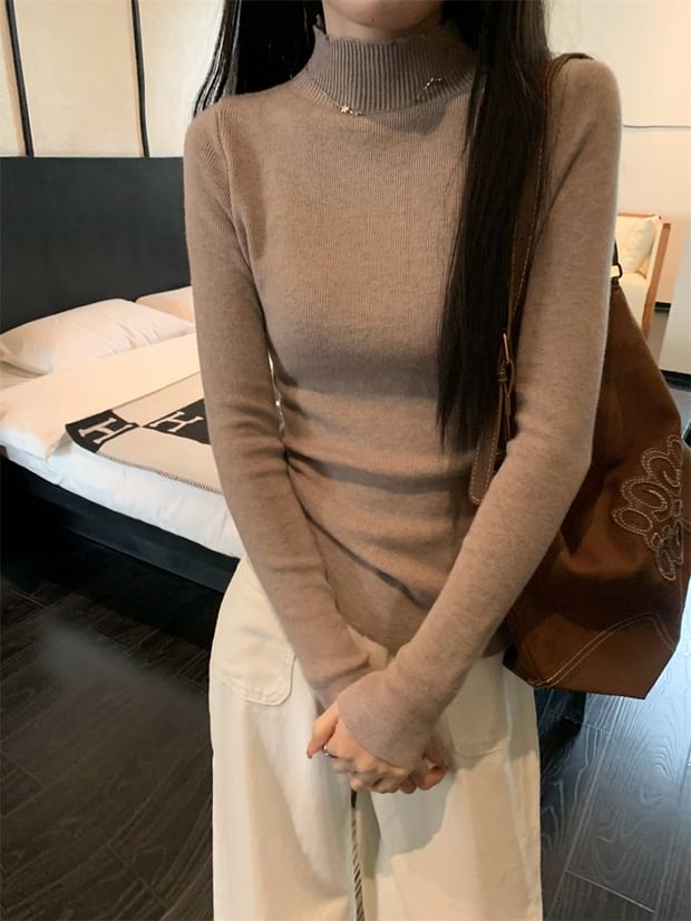 Turtleneck Long Sleeve Ribbed Knit Pullover