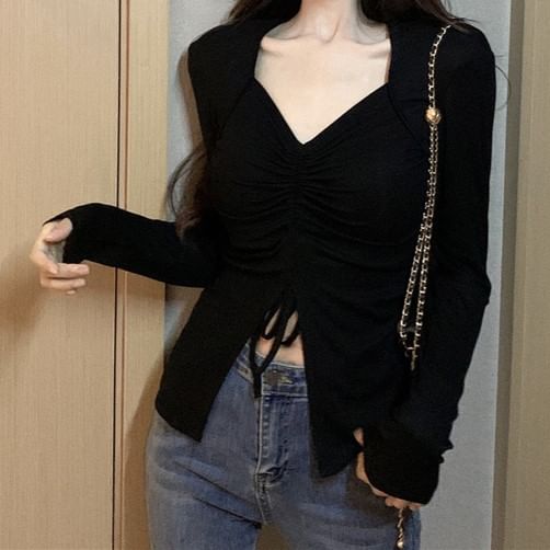 Ruched Drawstring Slit V-Neck Long Sleeve Fitted Tee