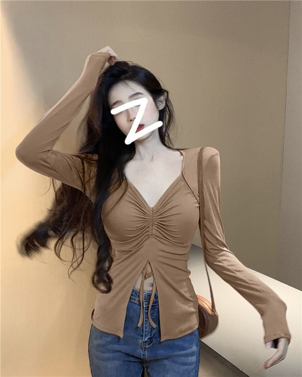 Ruched Drawstring Slit V-Neck Long Sleeve Fitted Tee
