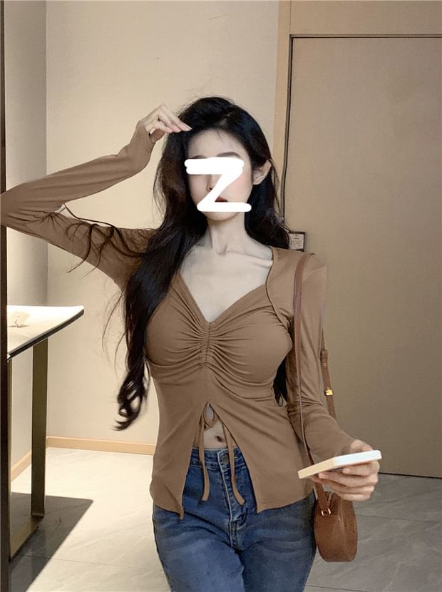 Ruched Drawstring Slit V-Neck Long Sleeve Fitted Tee