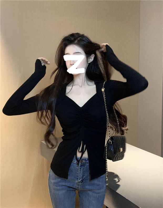 Ruched Drawstring Slit V-Neck Long Sleeve Fitted Tee
