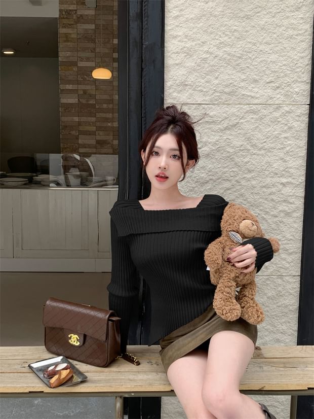 Boat Neck Long Sleeve Ribbed Knit Sweater