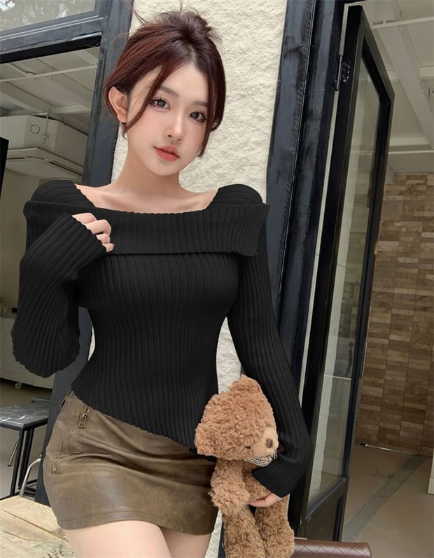 Boat Neck Long Sleeve Ribbed Knit Sweater