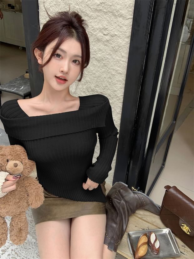 Boat Neck Long Sleeve Ribbed Knit Sweater
