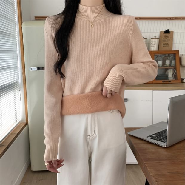 Fleece-Lined Mock Neck Long Sleeve Knit Top