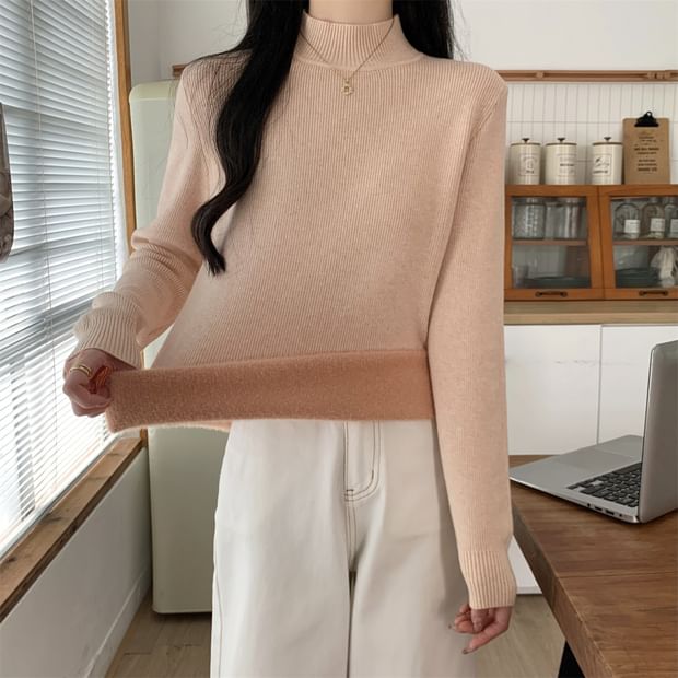 Fleece-Lined Mock Neck Long Sleeve Knit Top