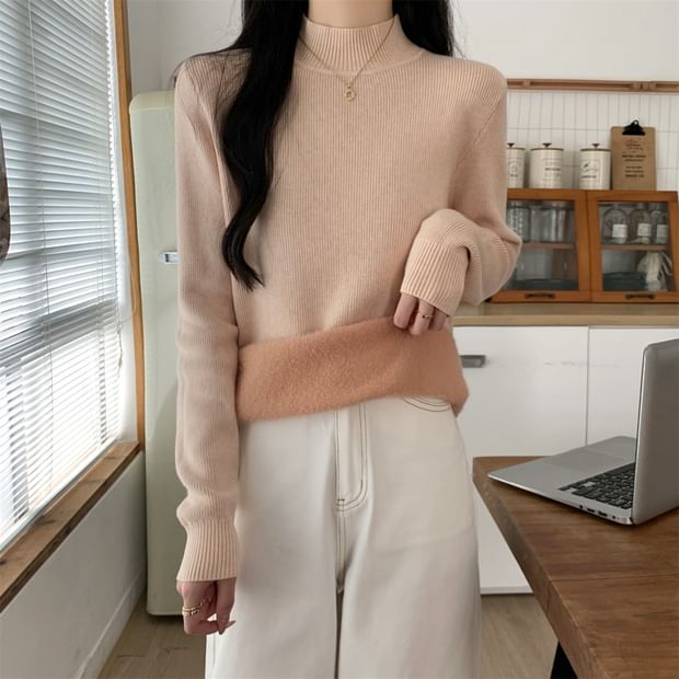 Fleece-Lined Mock Neck Long Sleeve Knit Top